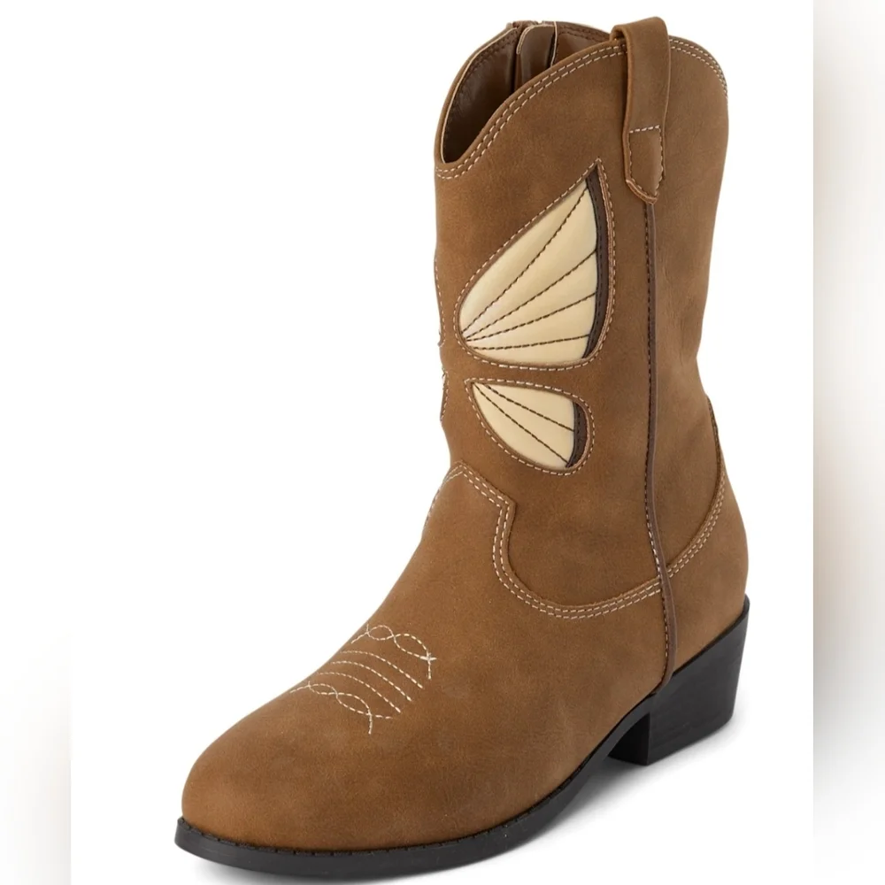 B2G1F Childrens Place Tan Butterfly Design Zip Up Boots, Youth 11, NWOT